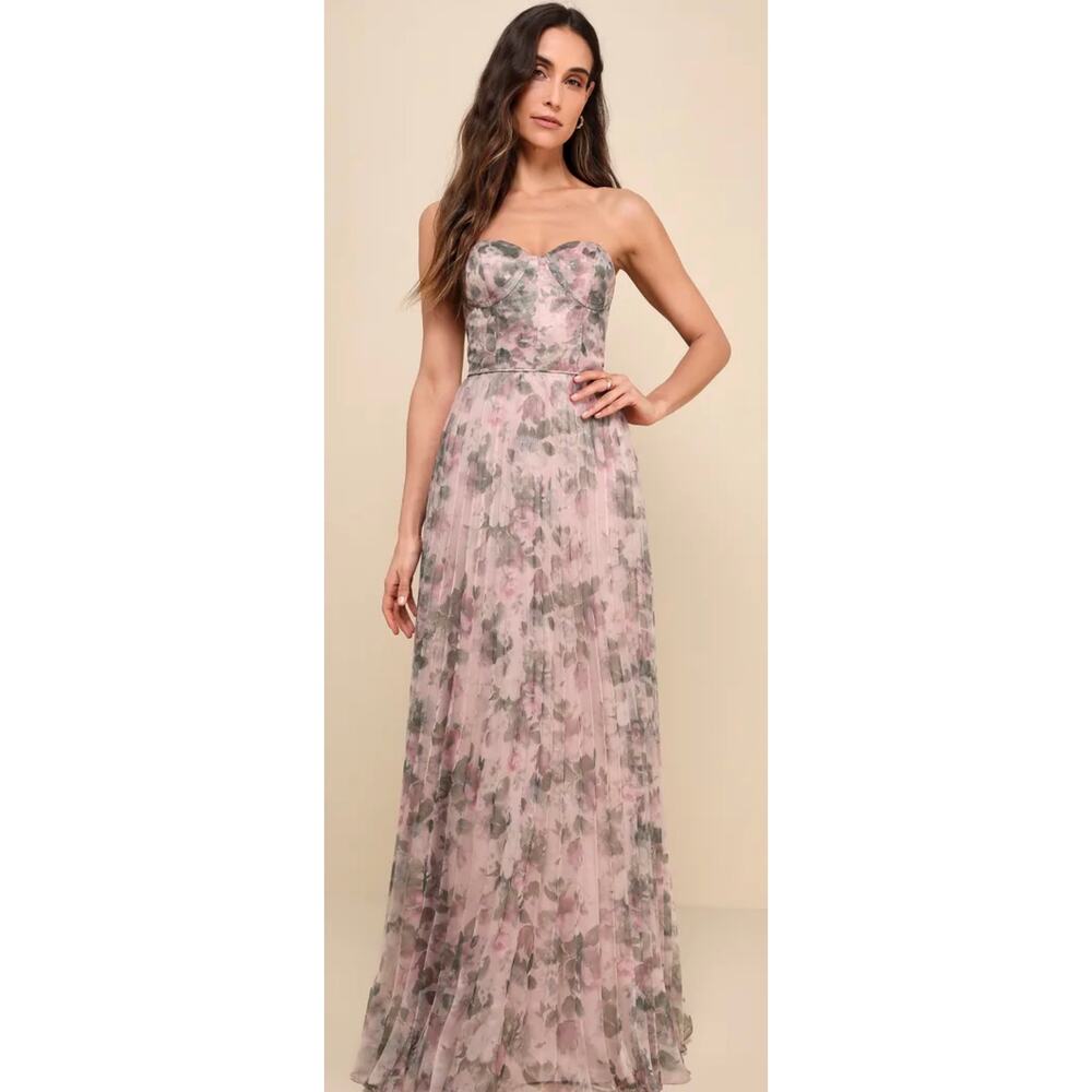 Lulus Most Beautiful Day Ivory Multi Floral Organza Maxi Dress Corset back sz 10